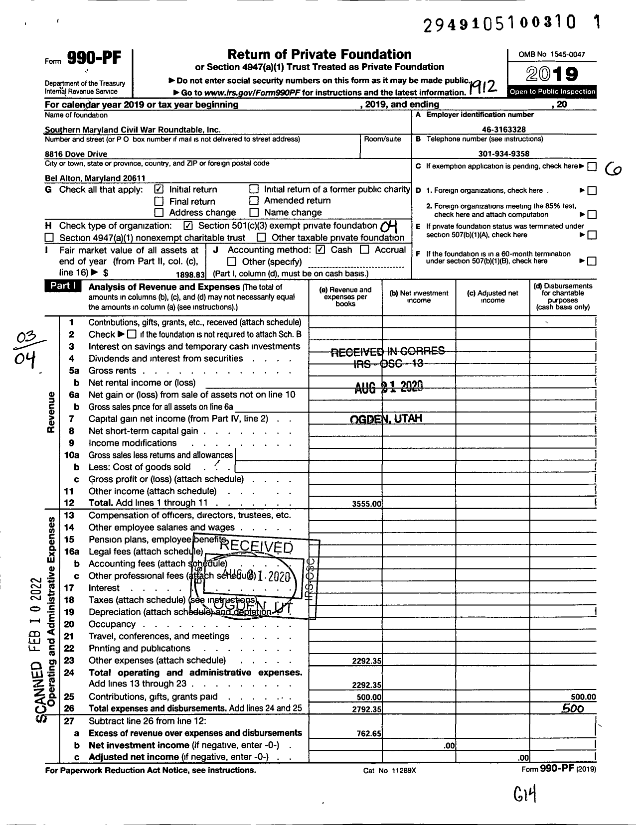 Image of first page of 2019 Form 990PF for Southern Maryland Civil War Round Table