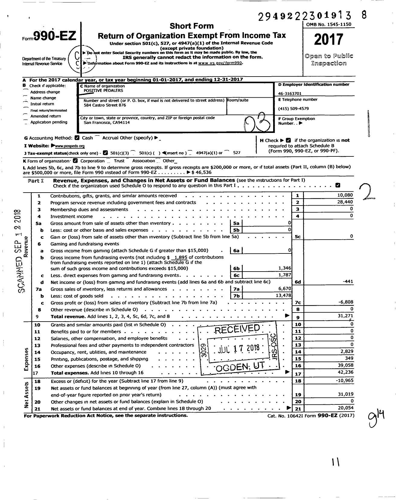 Image of first page of 2017 Form 990EZ for Positive Pedalers