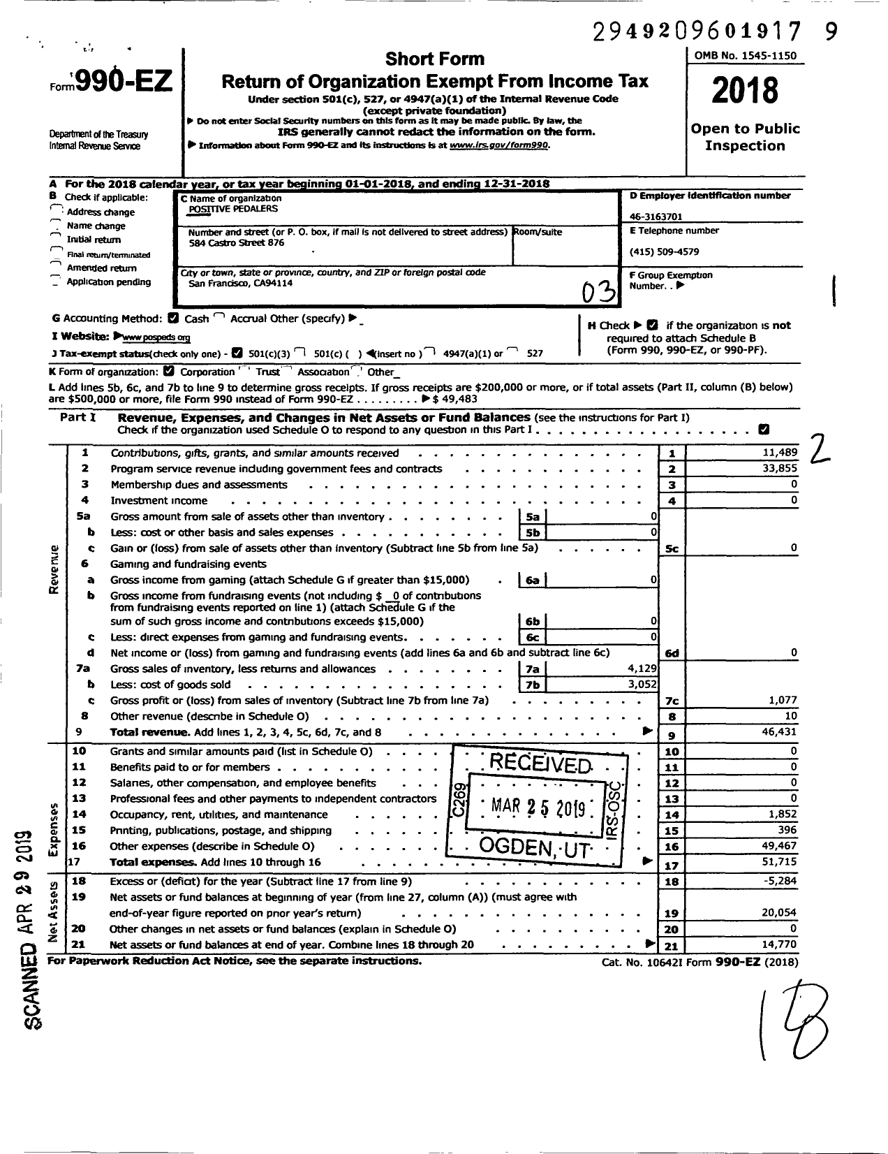 Image of first page of 2018 Form 990EZ for Positive Pedalers