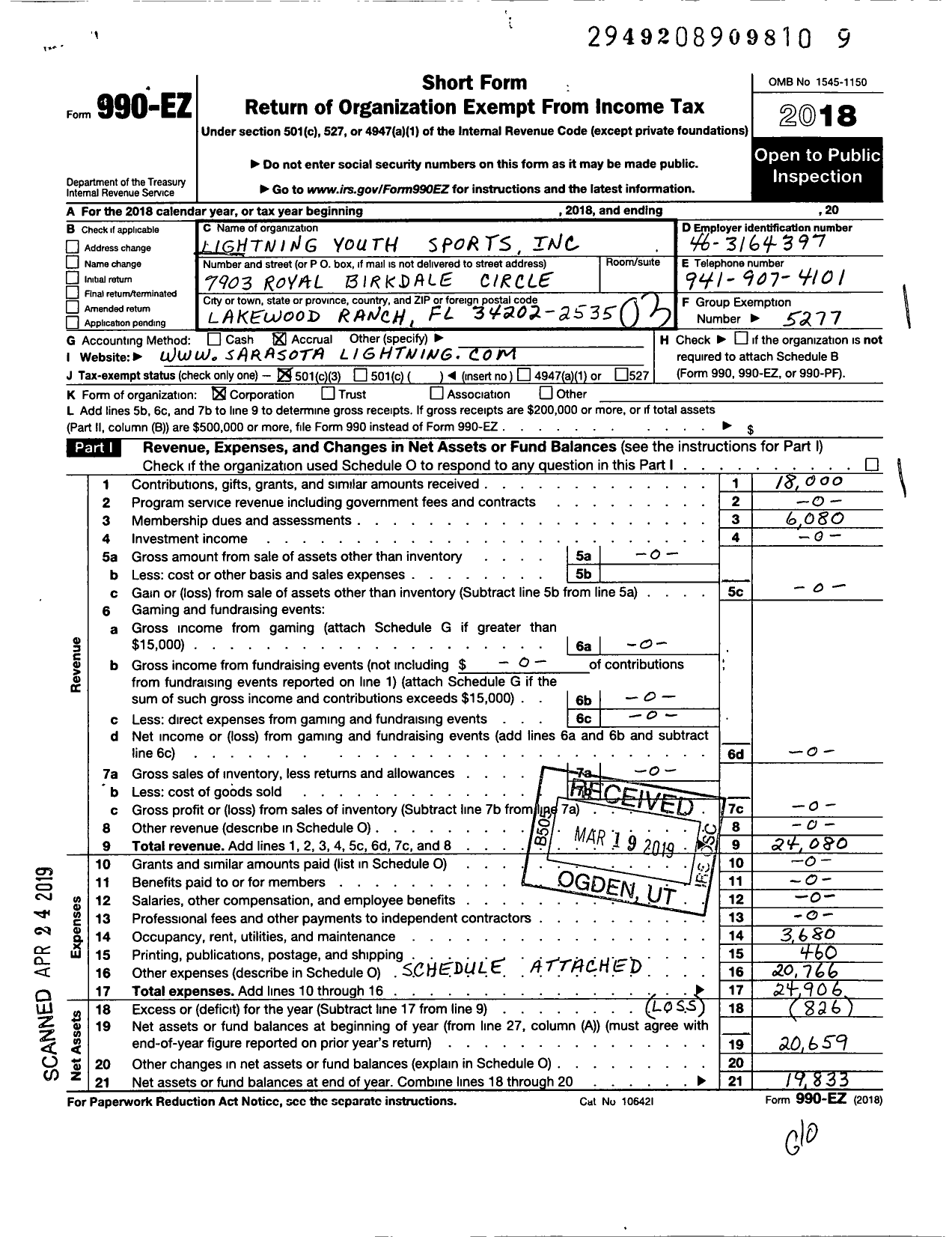 Image of first page of 2018 Form 990EZ for Lightning Youth Sports