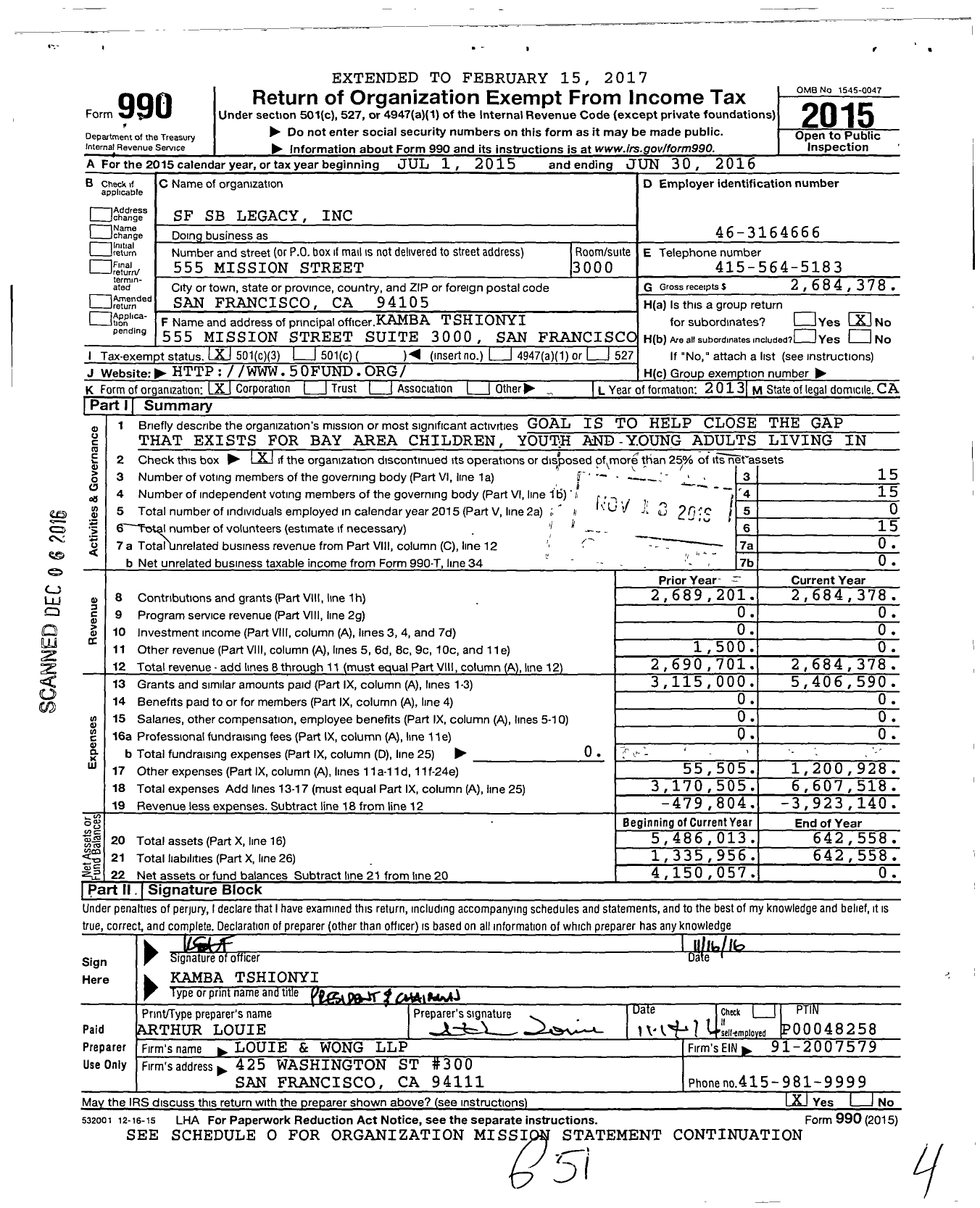 Image of first page of 2015 Form 990 for SF SB Legacy