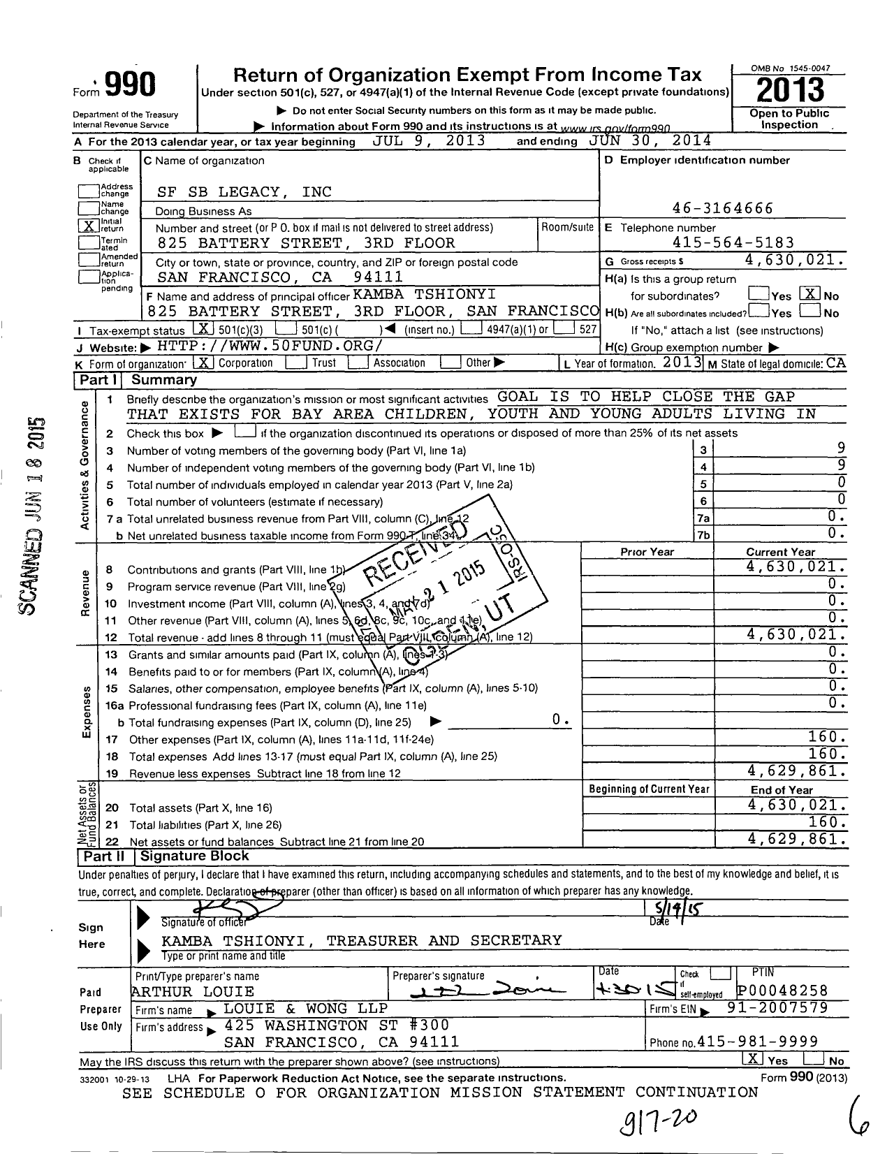 Image of first page of 2013 Form 990 for SF SB Legacy