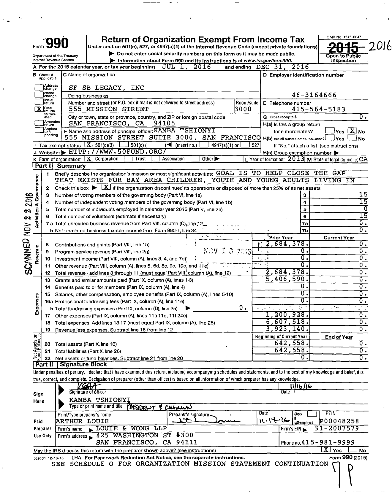 Image of first page of 2016 Form 990 for SF SB Legacy