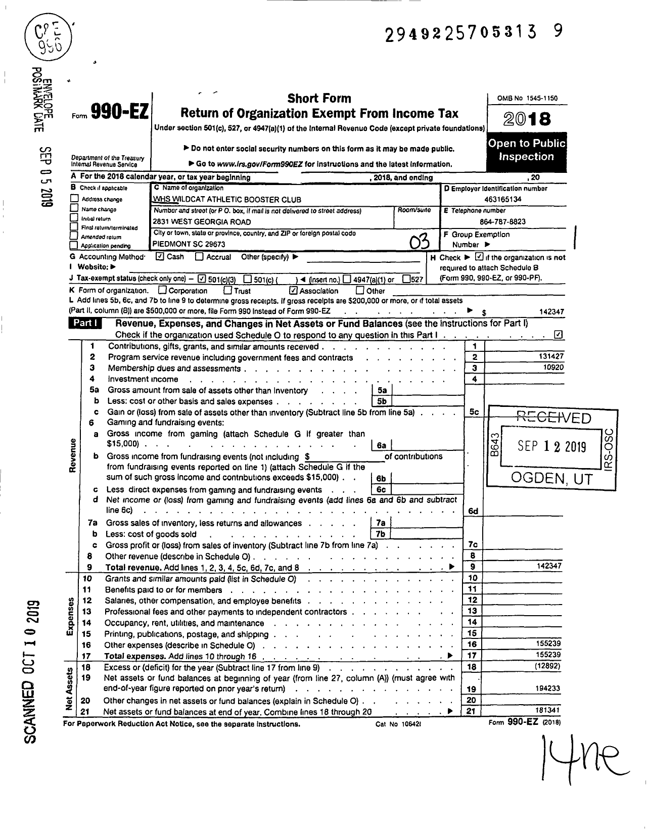 Image of first page of 2018 Form 990EZ for WHS Wildcat Athletic Booster Club WHS Wildcat Athletic Booster Club