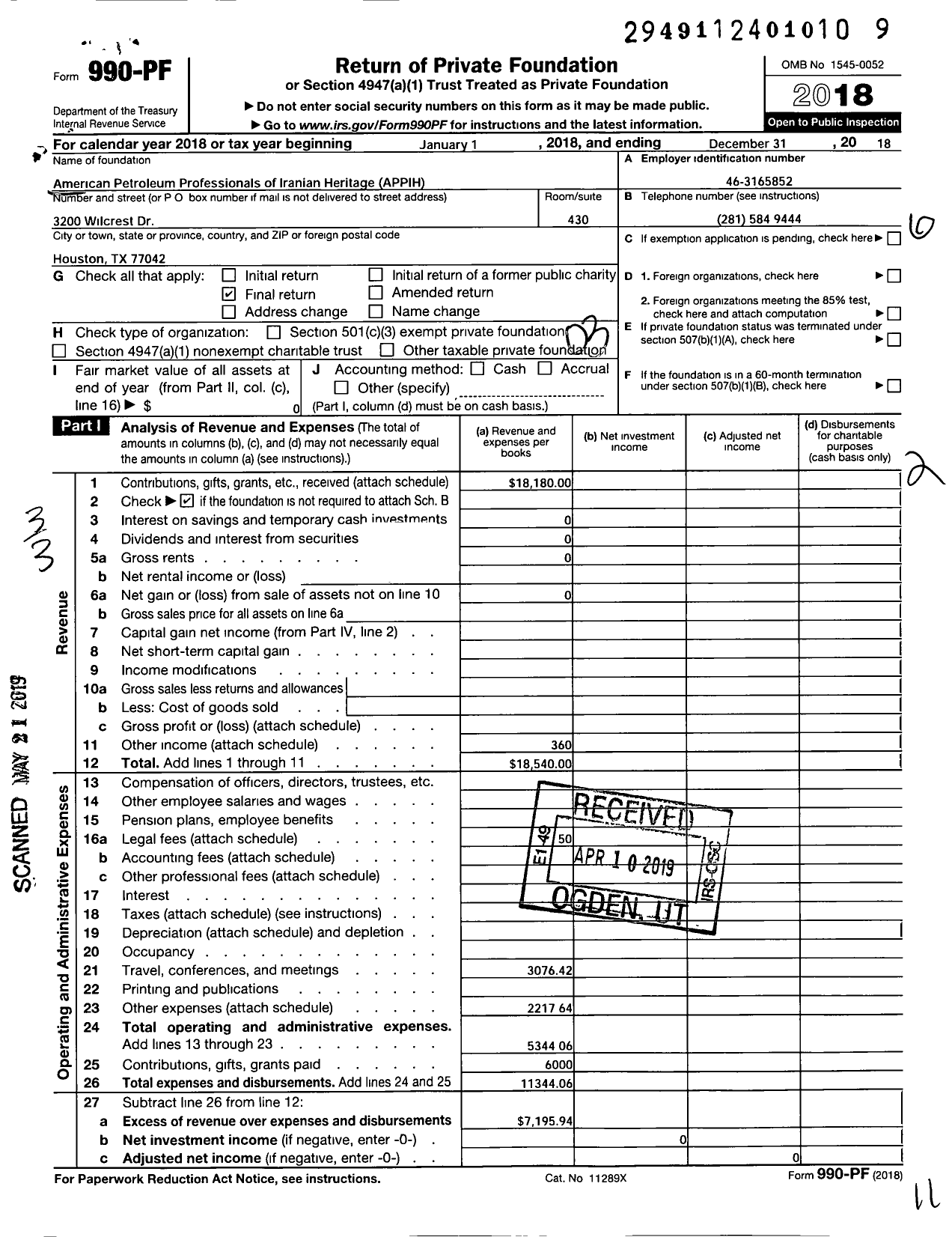 Image of first page of 2018 Form 990PF for American Petroleum Professionals of Iranian Heritage (APPIH)