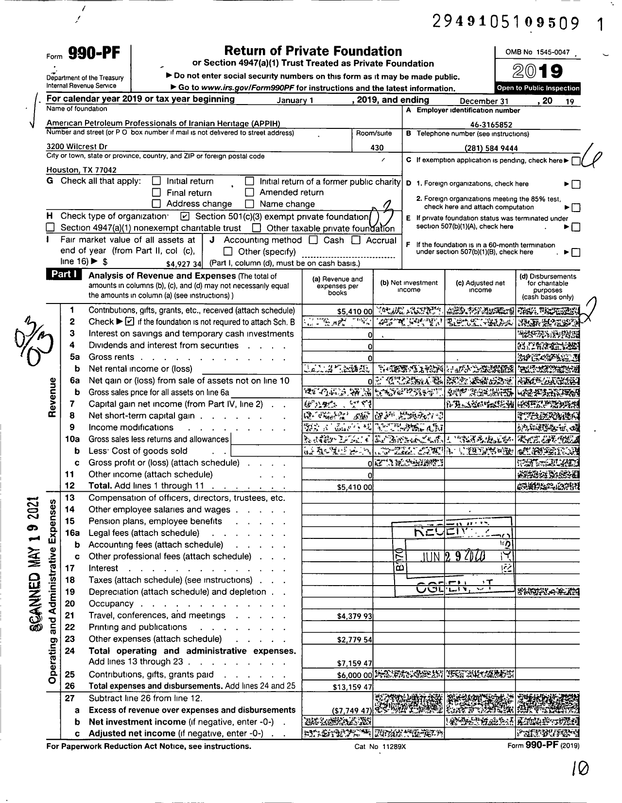 Image of first page of 2019 Form 990PF for American Petroleum Professionals of Iranian Heritage (APPIH)