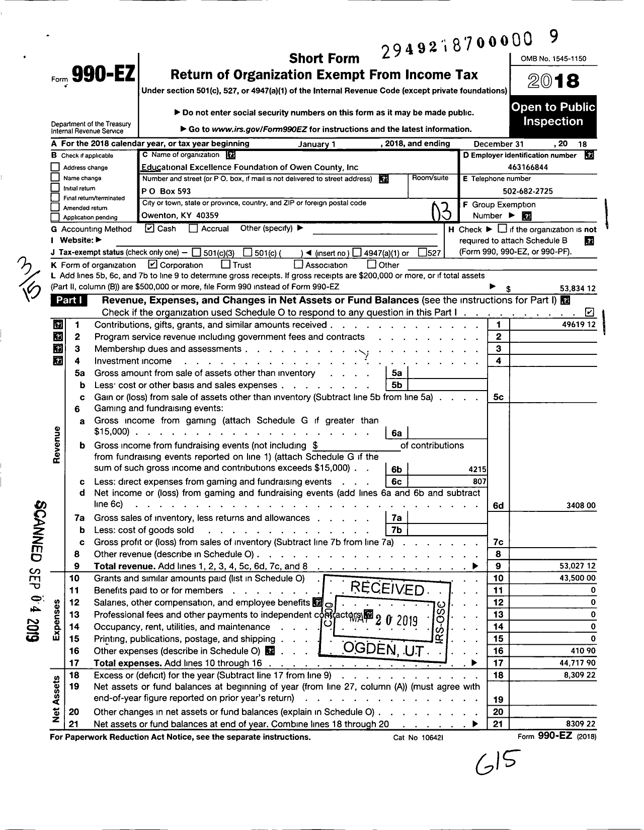 Image of first page of 2018 Form 990EZ for Educational Excellence Foundation of Owen County