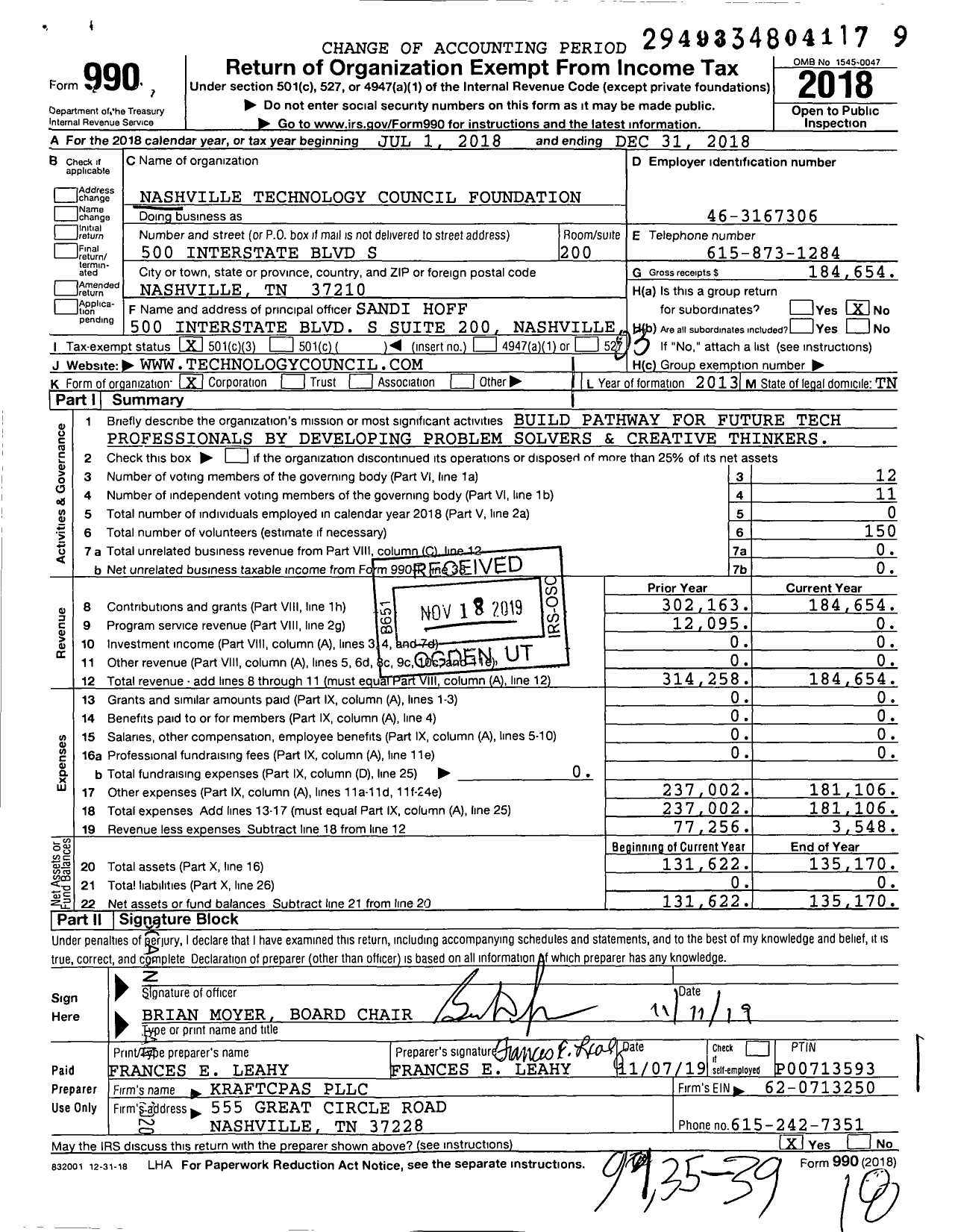 Image of first page of 2018 Form 990 for Nashville Technology Council Foundation