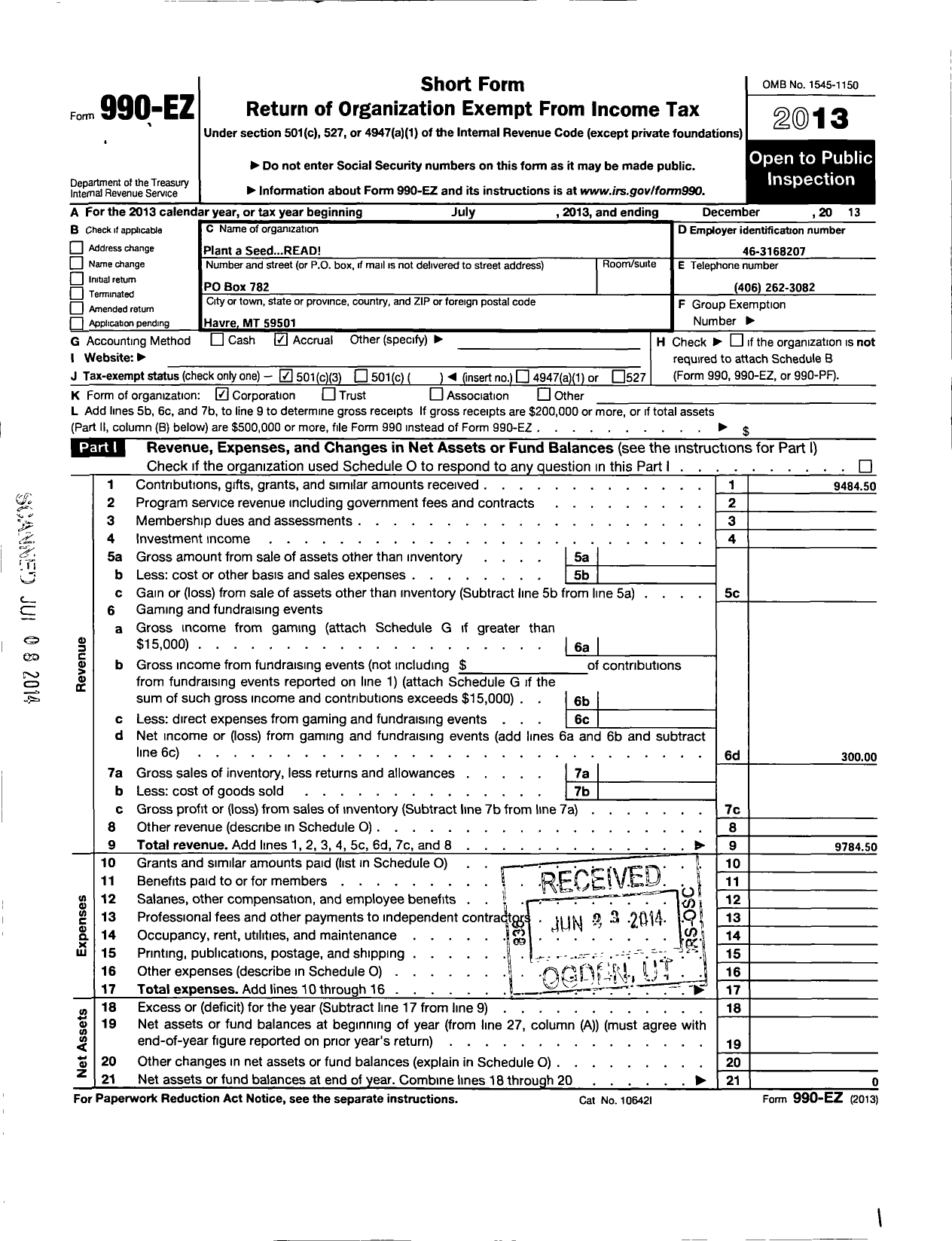 Image of first page of 2013 Form 990EZ for Plant A Seed Read