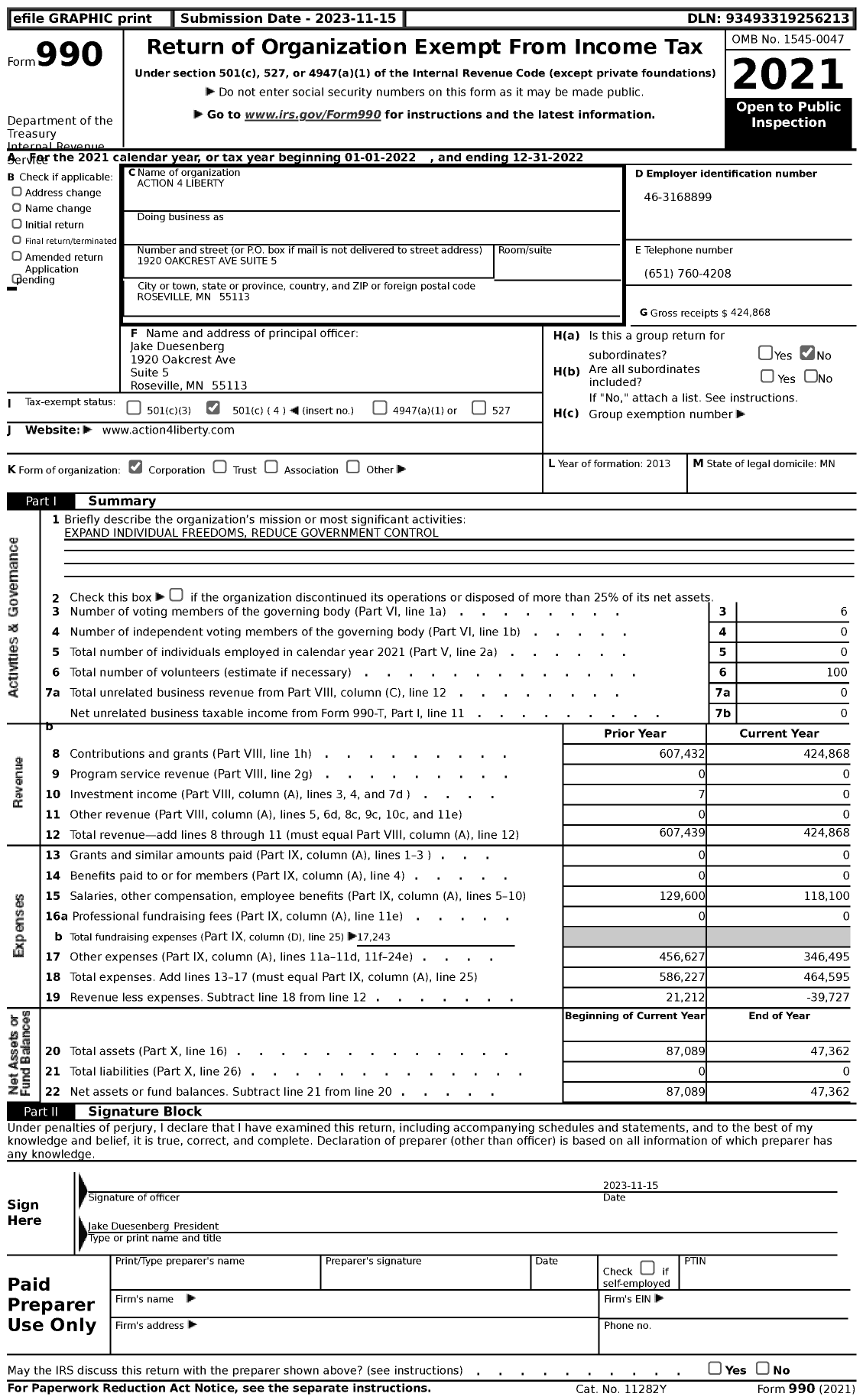 Image of first page of 2022 Form 990 for Action 4 Liberty