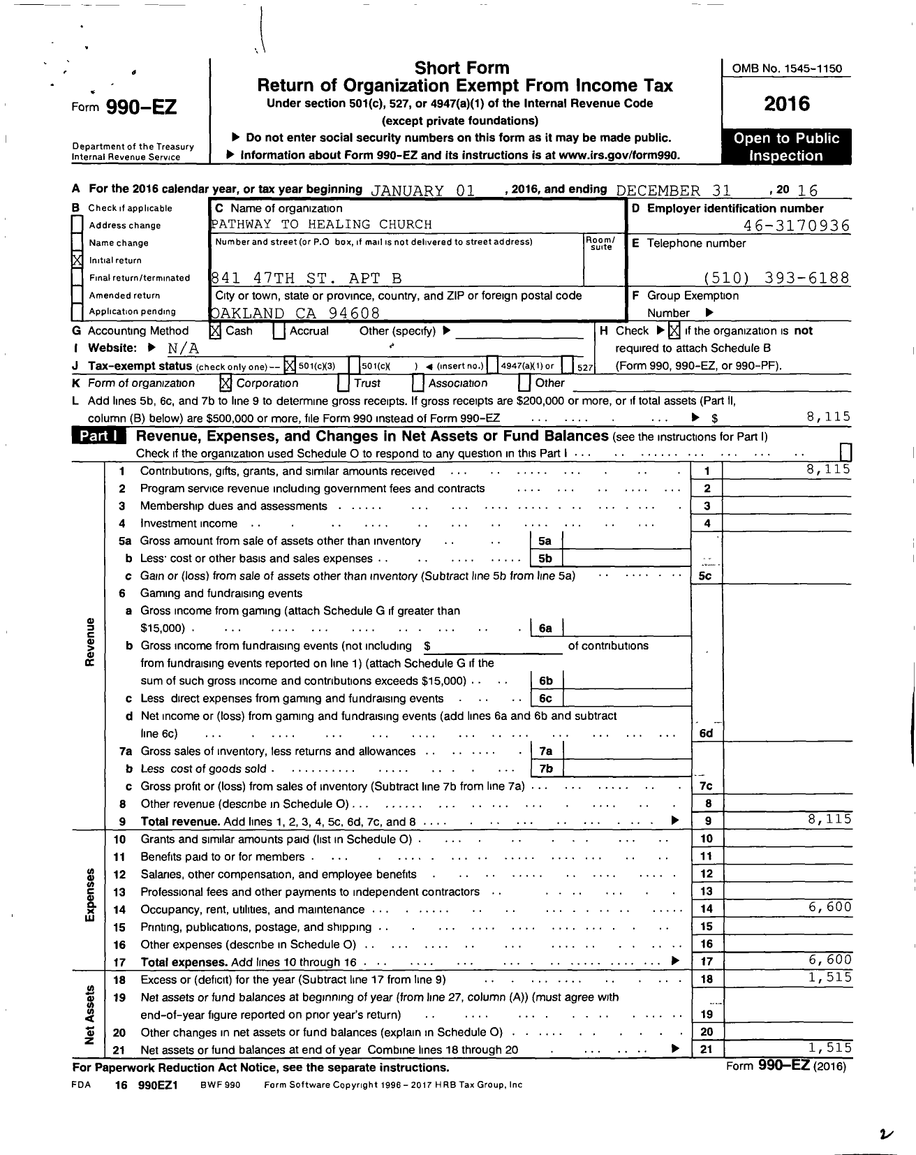 Image of first page of 2016 Form 990EZ for Pathway To Healing Church