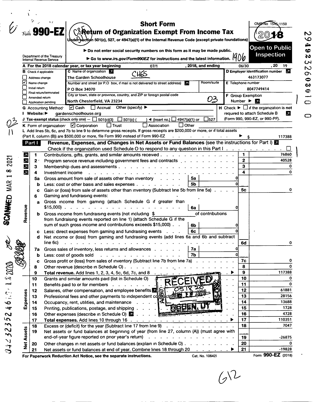 Image of first page of 2018 Form 990EZ for Chesterfield Innovative Academy For Girls