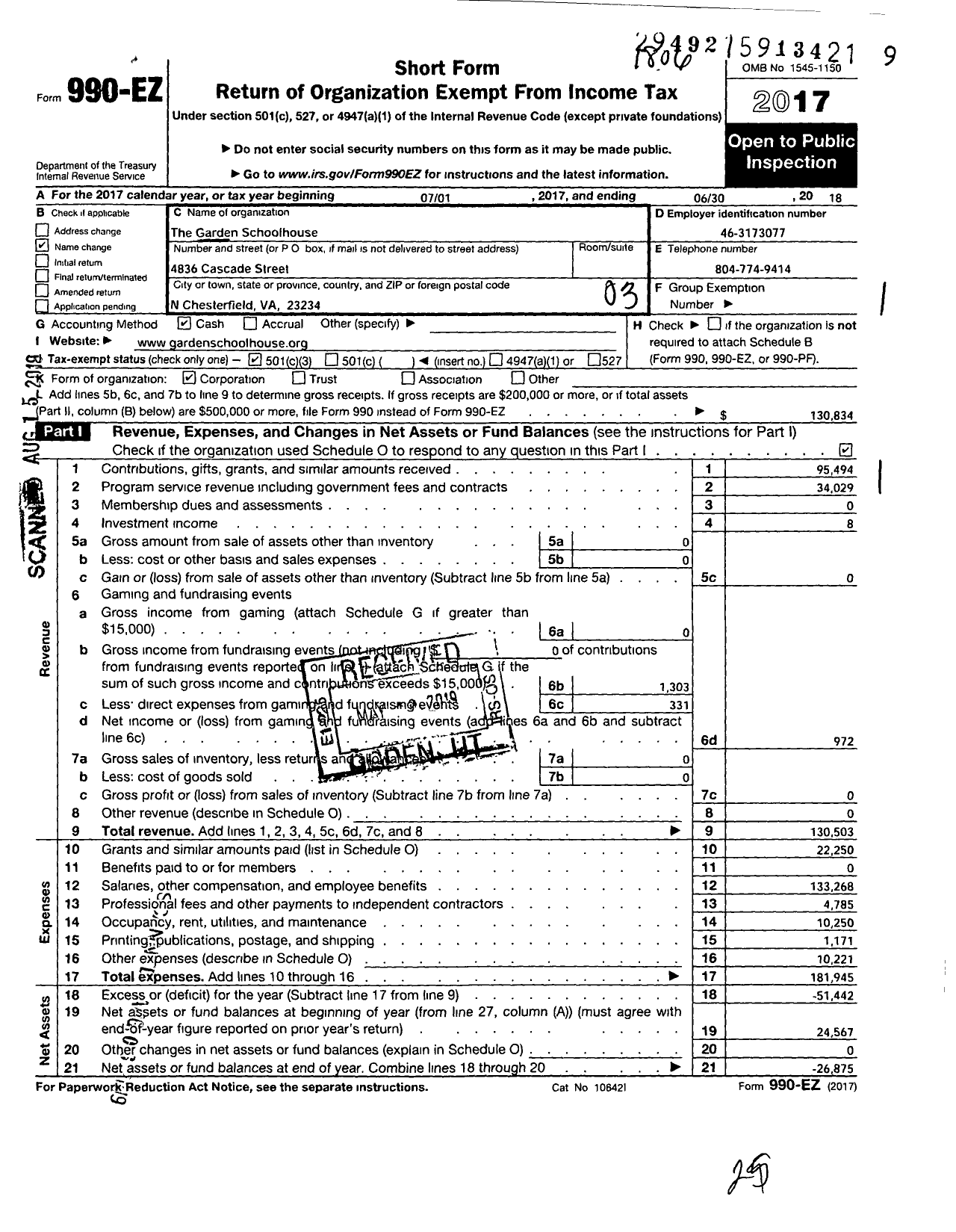 Image of first page of 2017 Form 990EZ for Chesterfield Innovative Academy For Girls