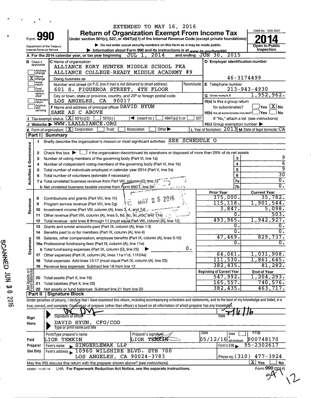 Image of first page of 2014 Form 990 for Alliance Kory Hunter Middle School