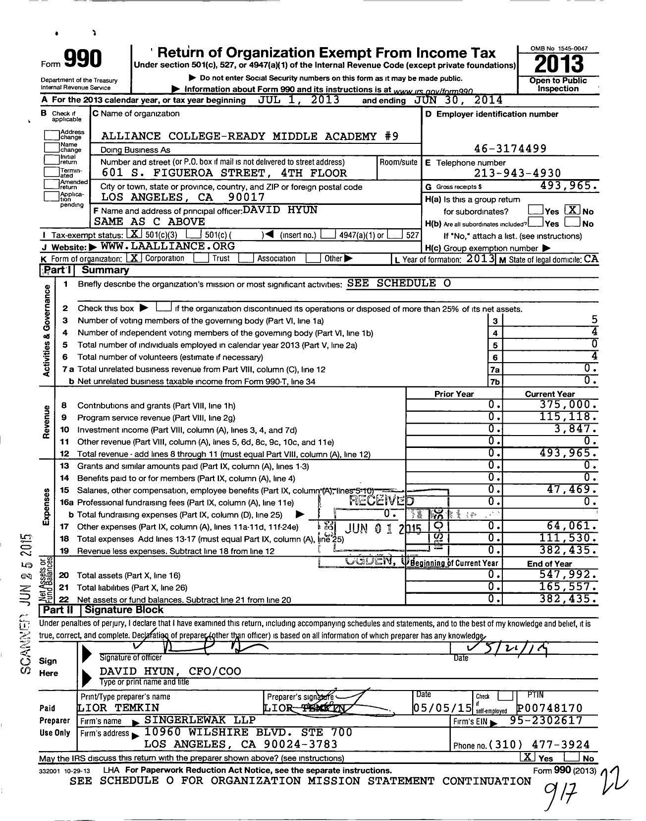 Image of first page of 2013 Form 990 for Alliance Kory Hunter Middle School