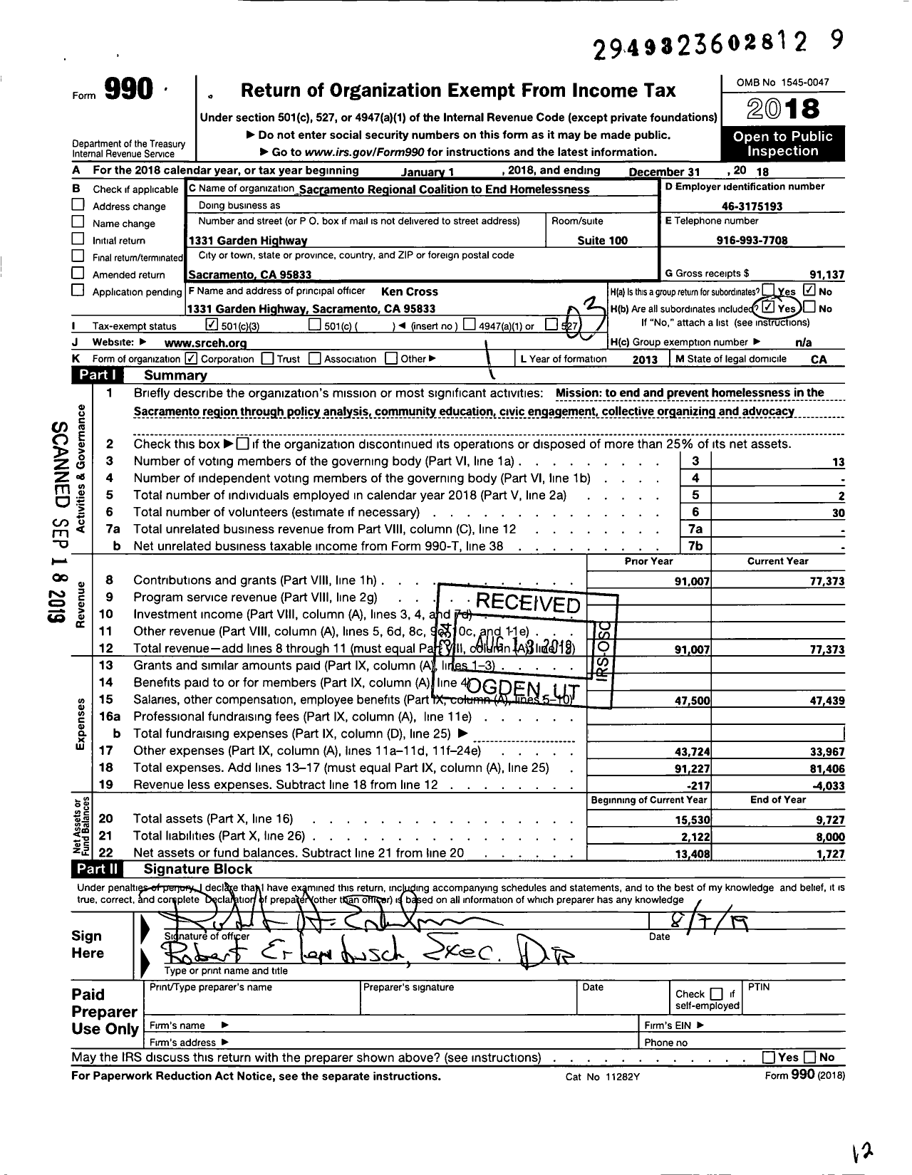 Image of first page of 2018 Form 990 for Sacramento Regional Coalition To End Homelessness (SRCEH)