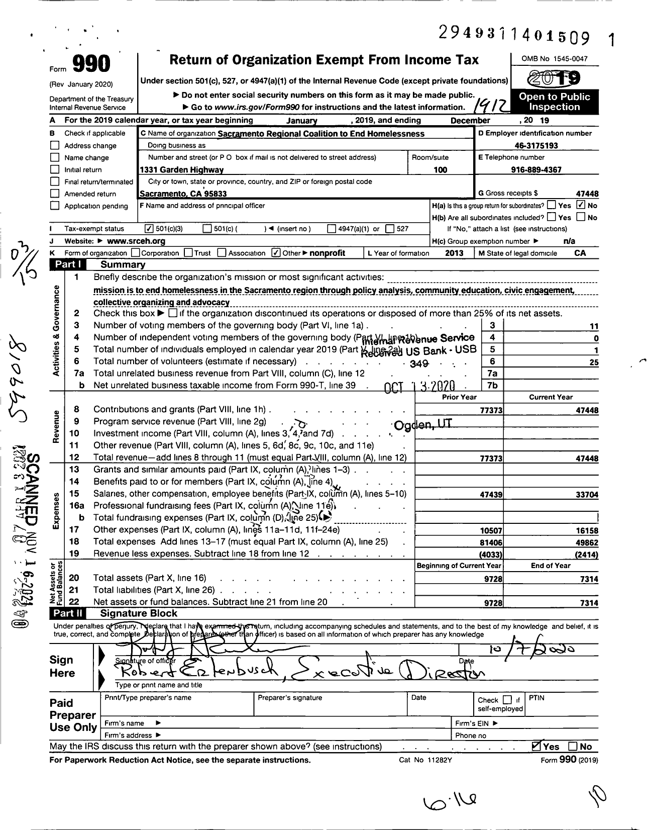 Image of first page of 2019 Form 990 for Sacramento Regional Coalition To End Homelessness (SRCEH)