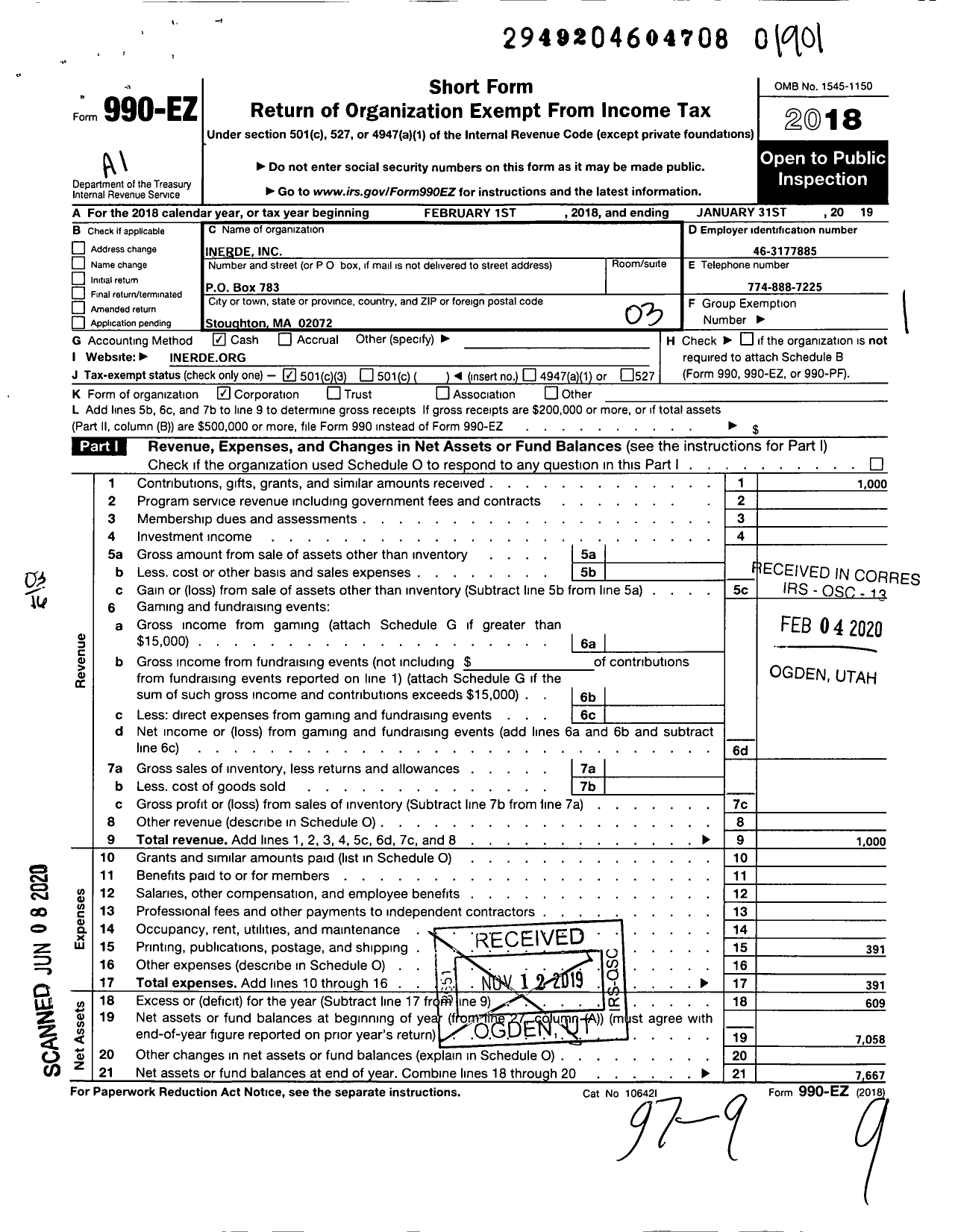 Image of first page of 2018 Form 990EZ for Inerde