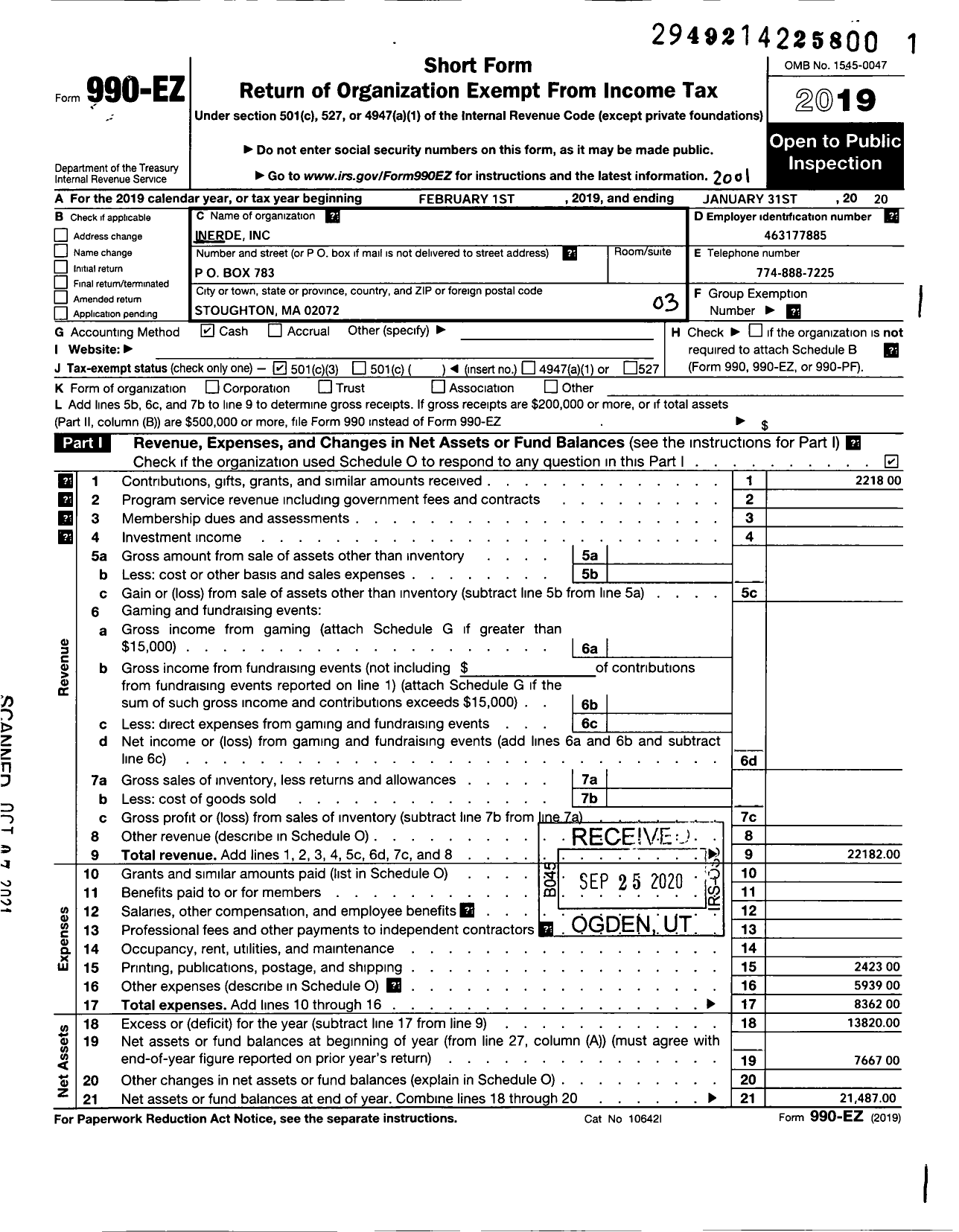 Image of first page of 2019 Form 990EZ for Inerde