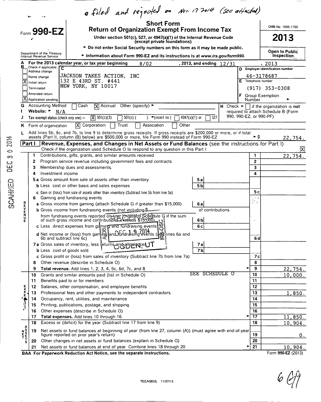 Image of first page of 2013 Form 990EZ for Jackson Takes Action