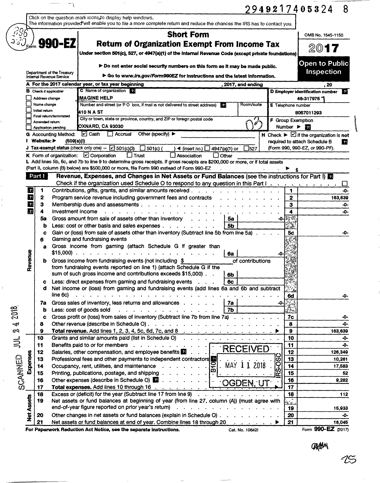 Image of first page of 2017 Form 990EZ for Imagine Help