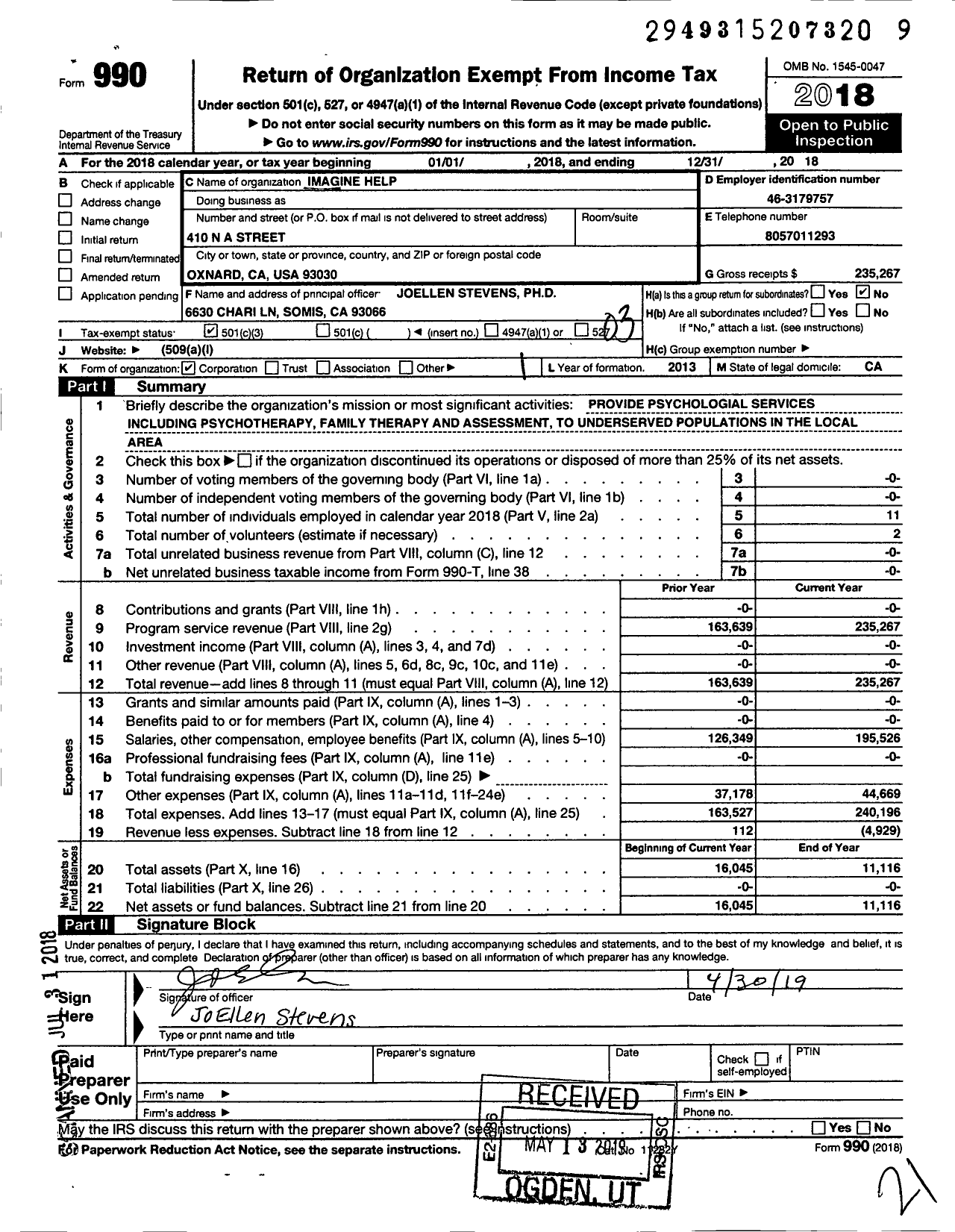 Image of first page of 2018 Form 990 for Imagine Help
