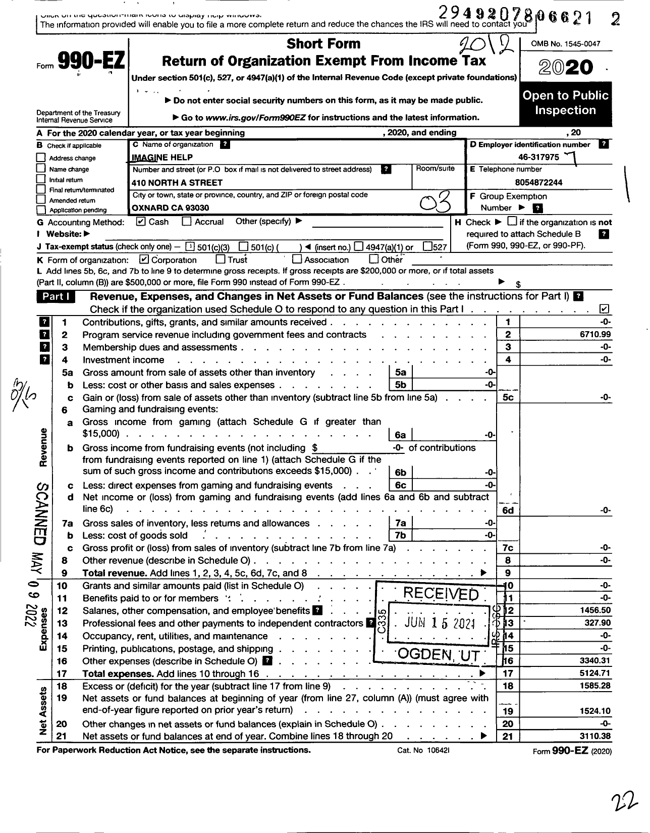 Image of first page of 2020 Form 990EZ for Imagine Help
