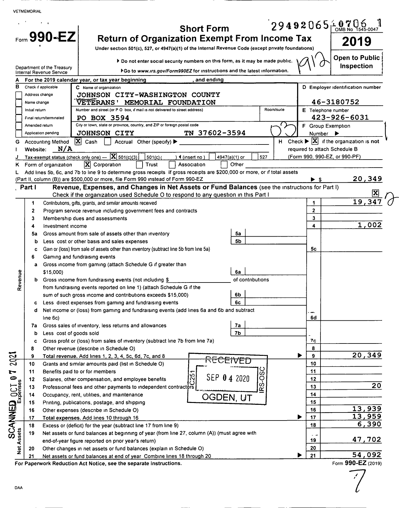 Image of first page of 2019 Form 990EZ for Johnson City-Washington County Veterans Memorial Foundation