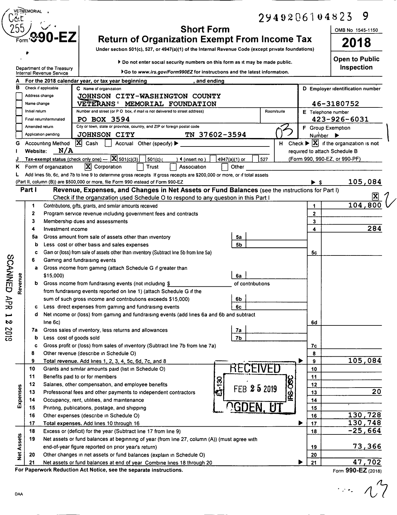 Image of first page of 2018 Form 990EZ for Johnson City-Washington County Veterans Memorial Foundation