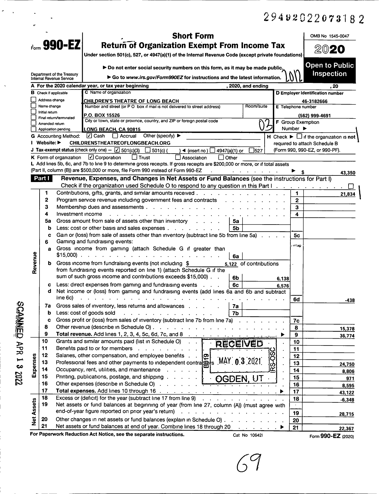 Image of first page of 2020 Form 990EZ for Childrens Theatre of Long Beach