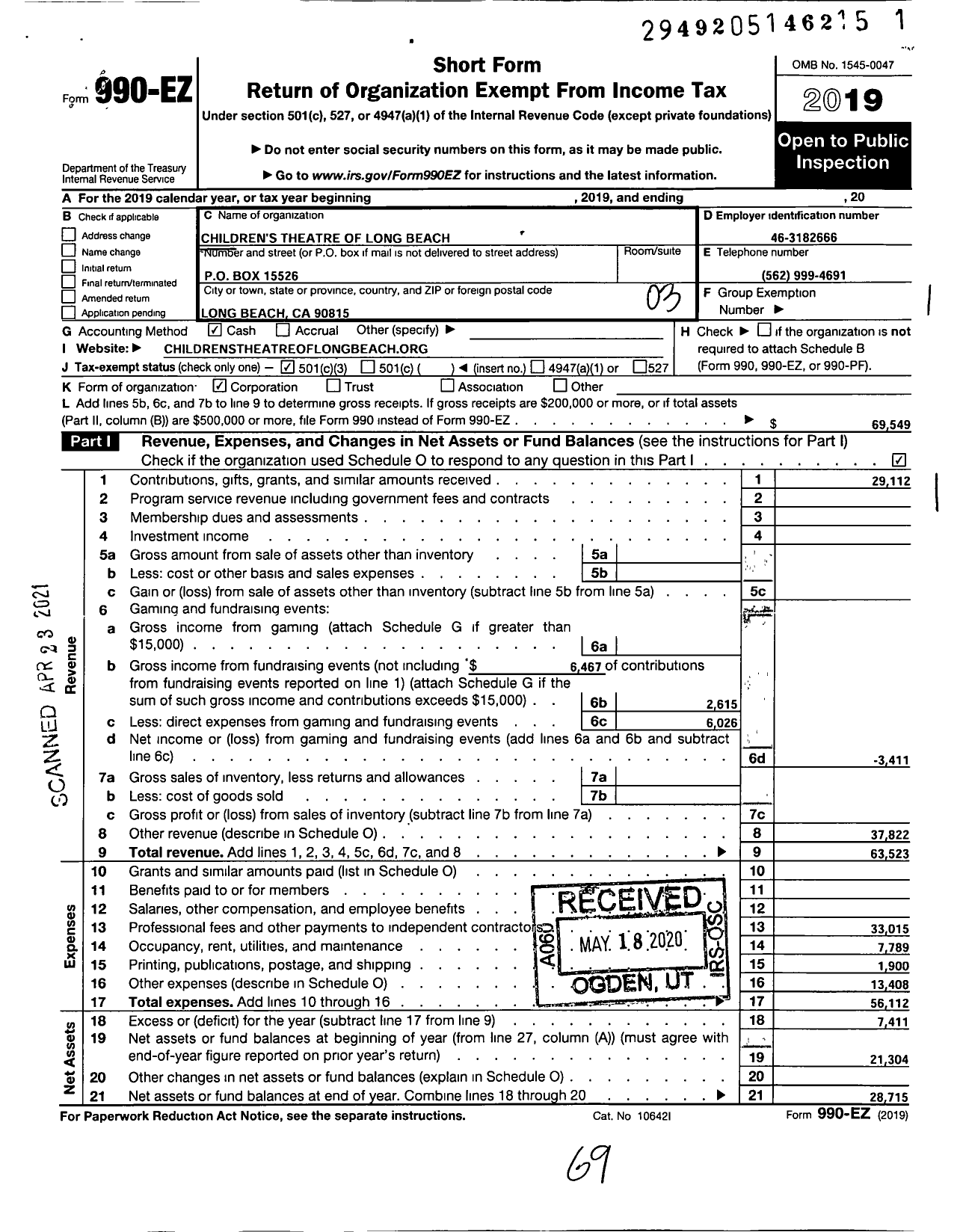 Image of first page of 2019 Form 990EZ for Childrens Theatre of Long Beach