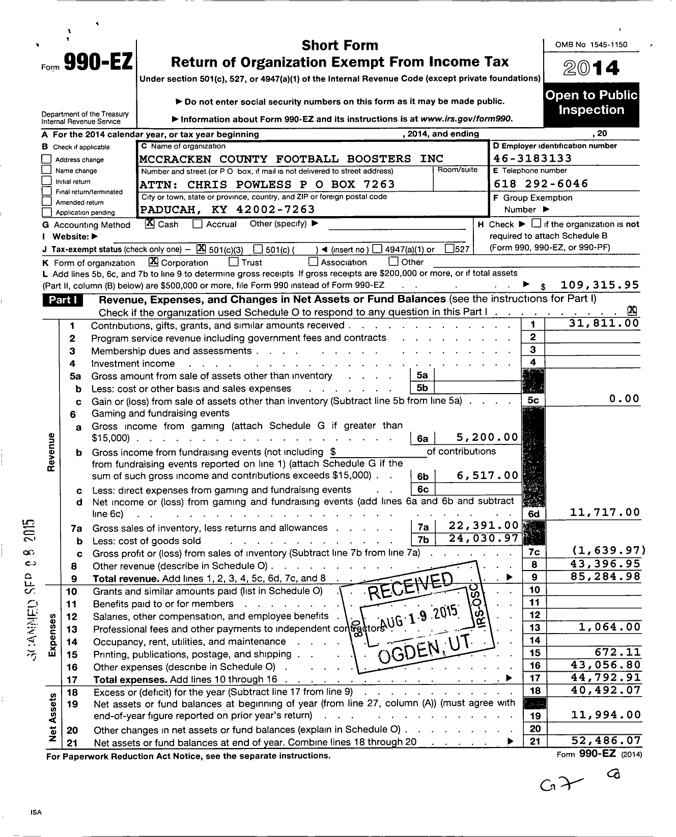 Image of first page of 2014 Form 990EZ for Mccracken County Football Boosters