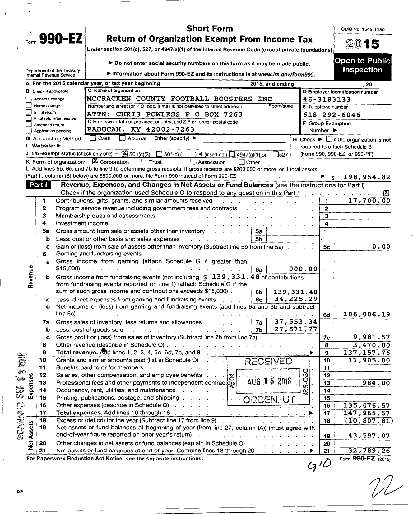 Image of first page of 2015 Form 990EZ for Mccracken County Football Boosters