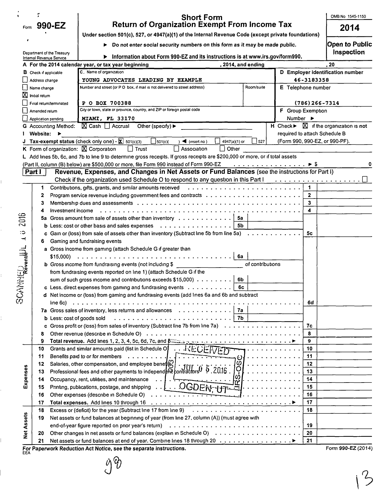 Image of first page of 2014 Form 990EZ for Young Advocates Leading By Example