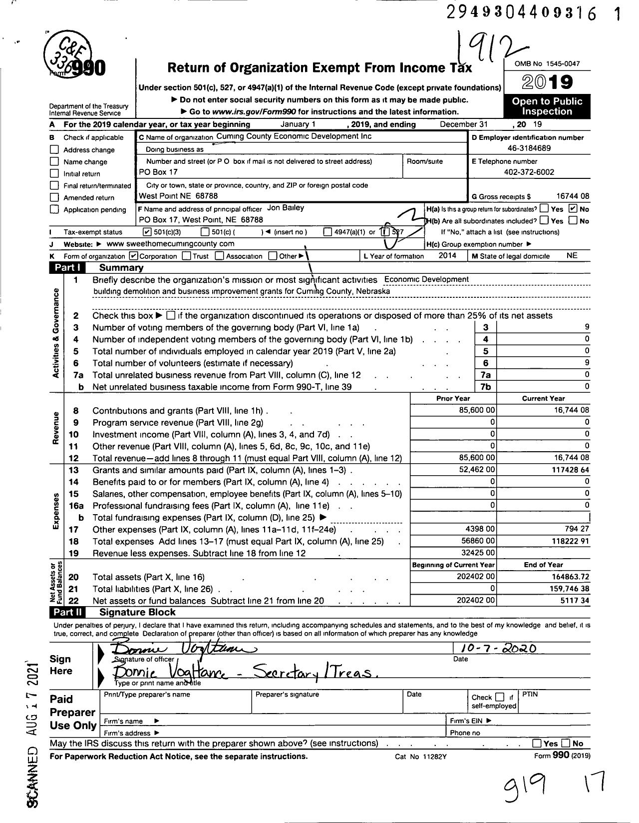 Image of first page of 2019 Form 990 for Cuming County Economic Development