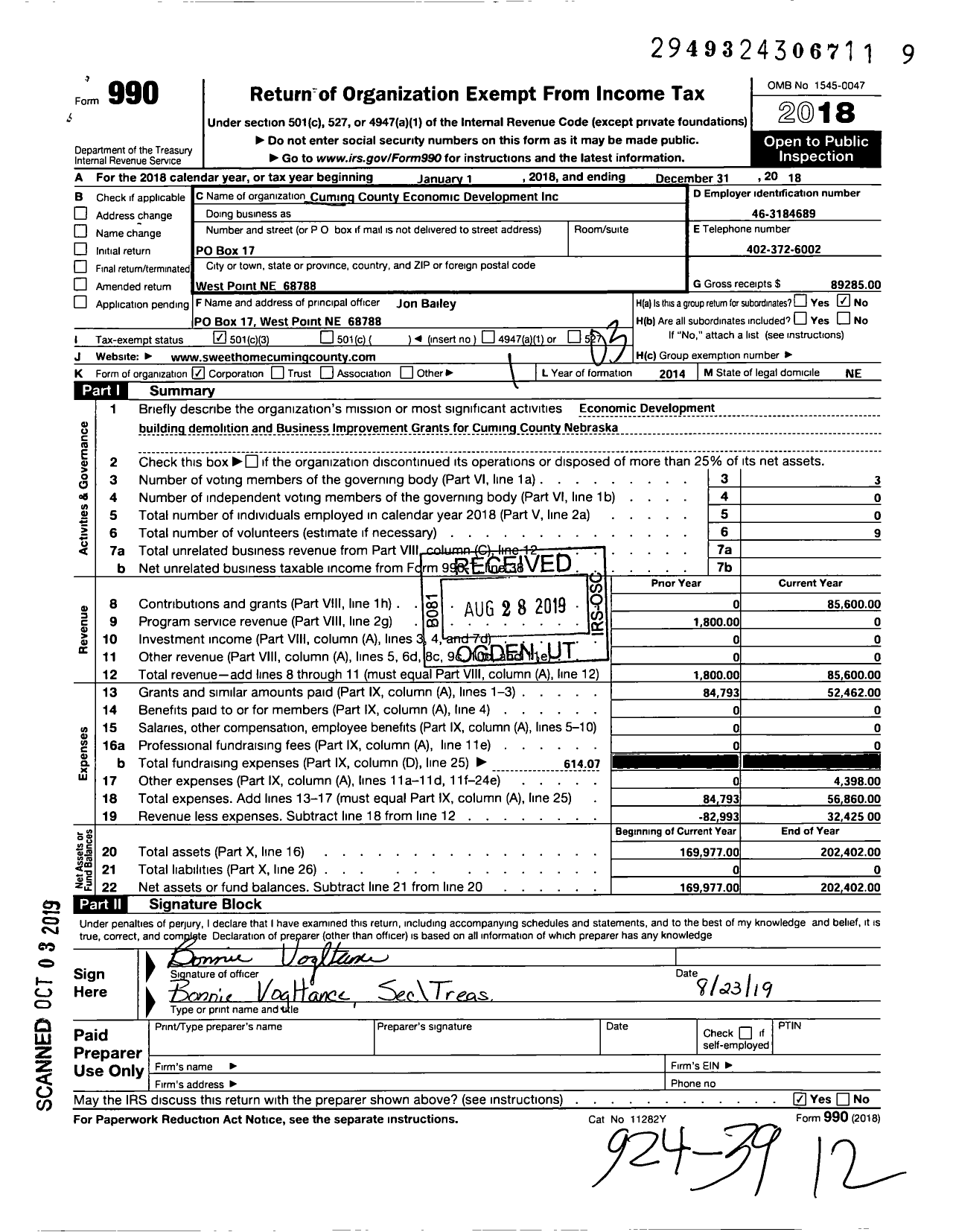 Image of first page of 2018 Form 990 for Cuming County Economic Development