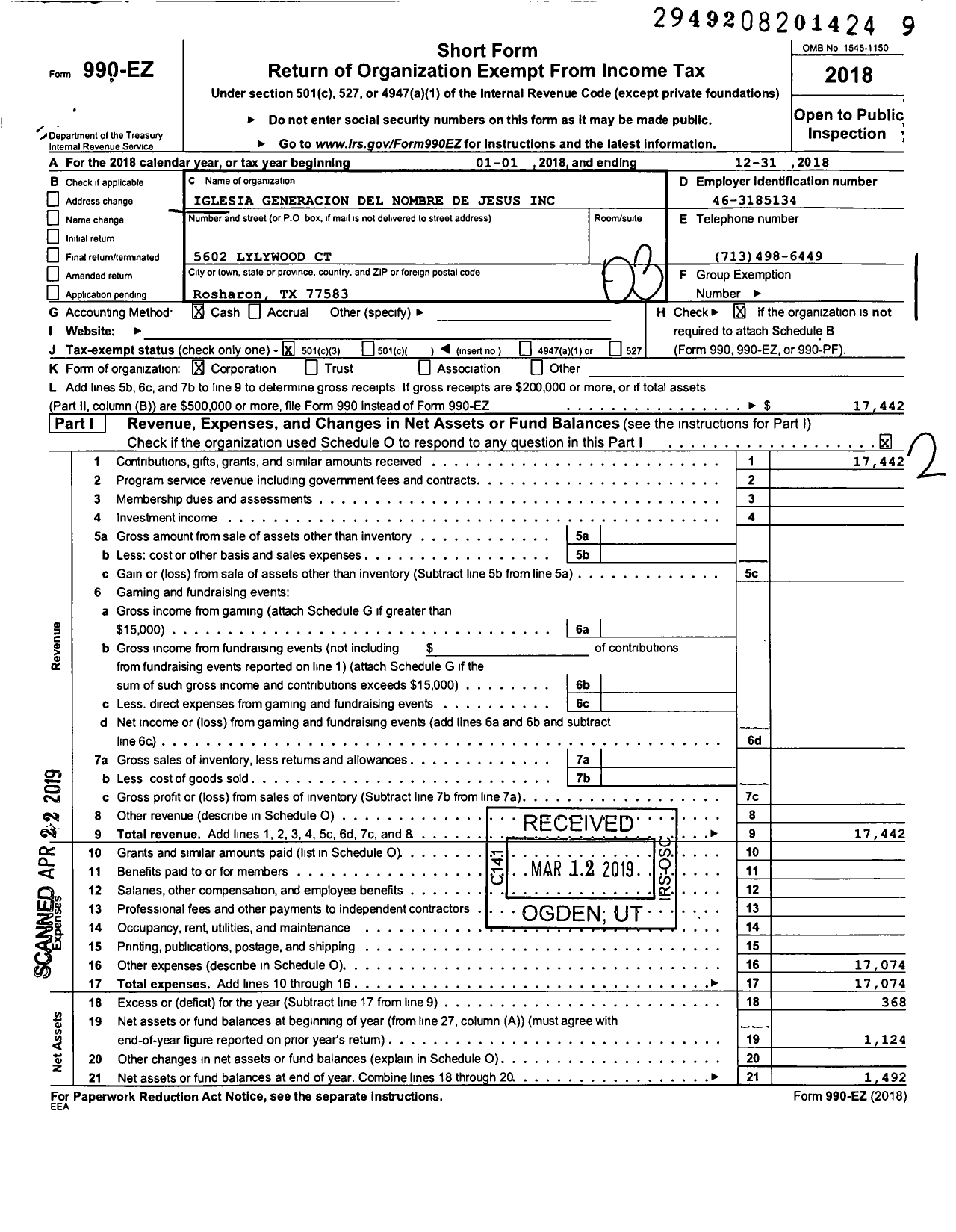 Image of first page of 2018 Form 990EZ for Iglesia Generacion del Nombre de Jesus