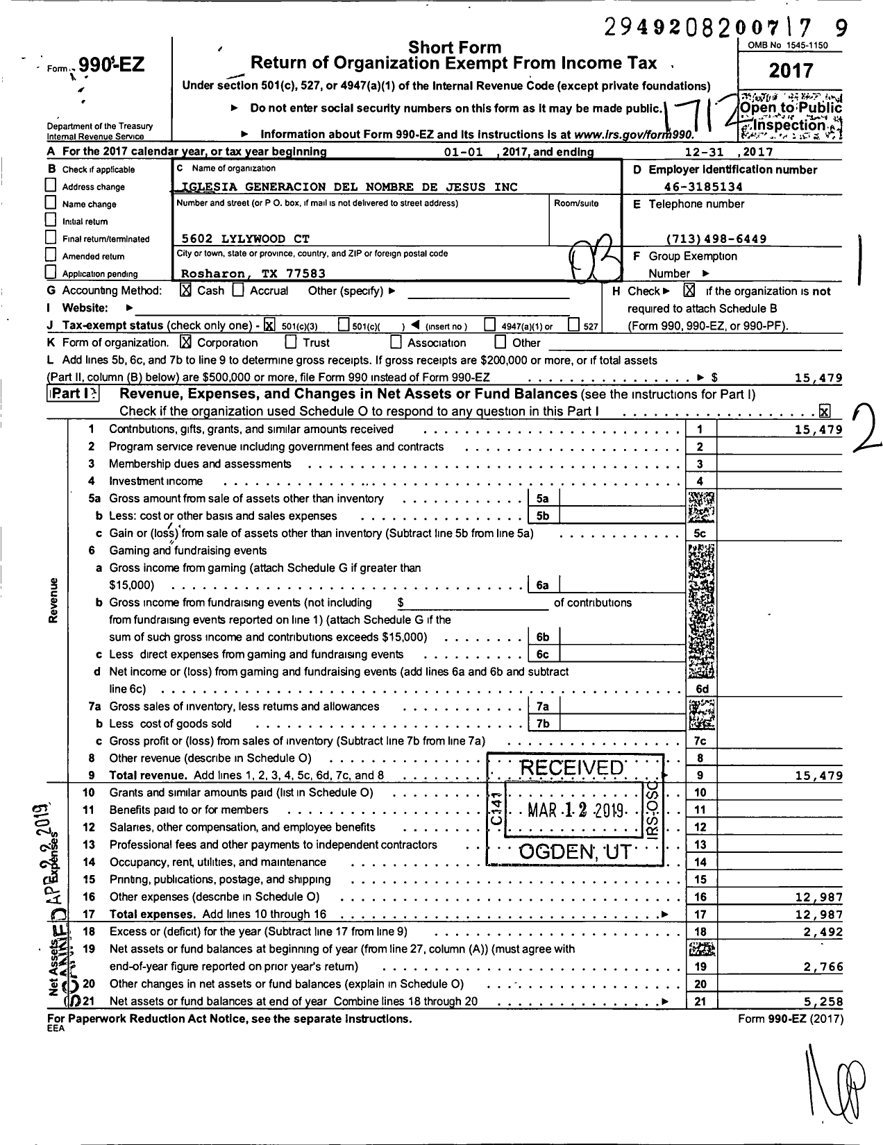 Image of first page of 2017 Form 990EZ for Iglesia Generacion del Nombre de Jesus