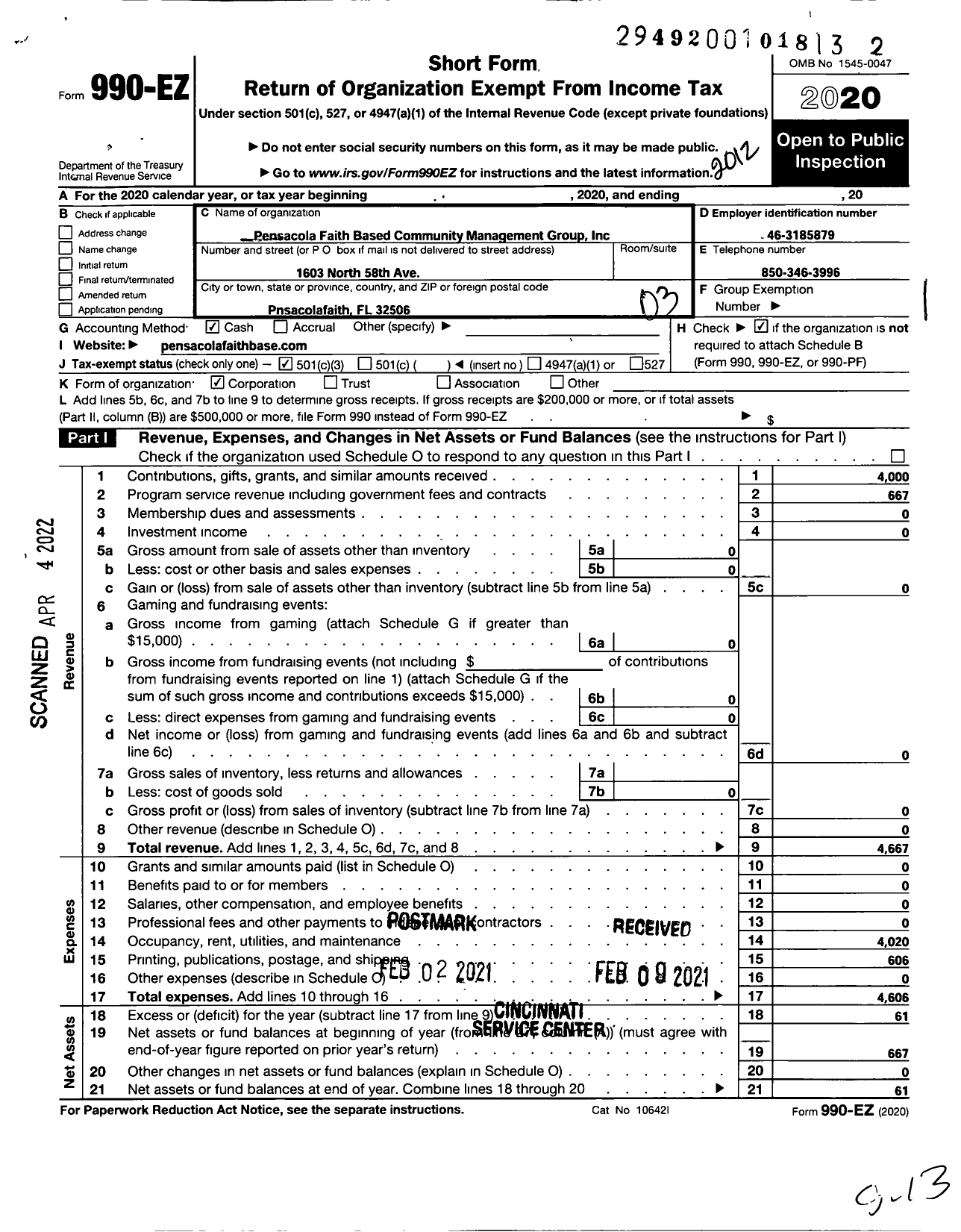 Image of first page of 2020 Form 990EZ for Pensacola Faith Based Community Management Group