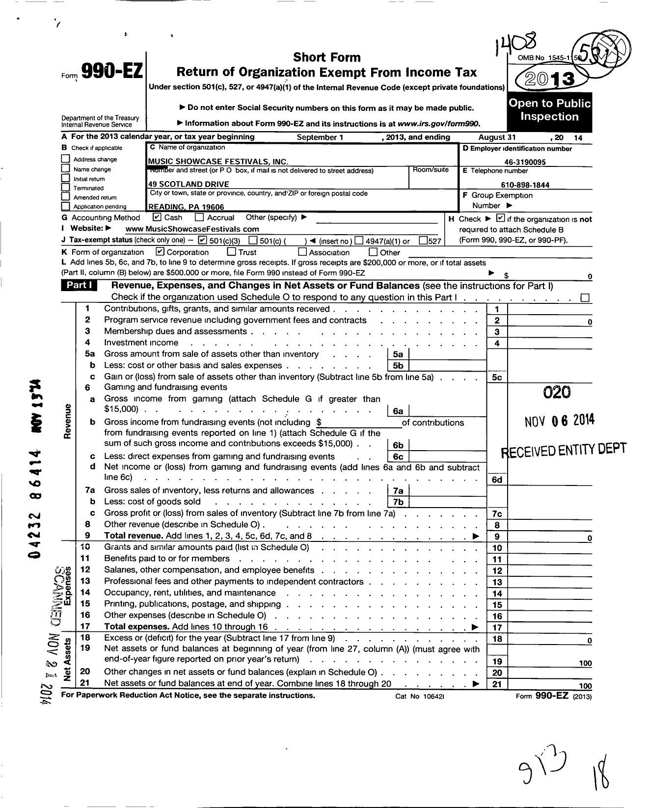 Image of first page of 2013 Form 990EZ for Music Showcase Festivals