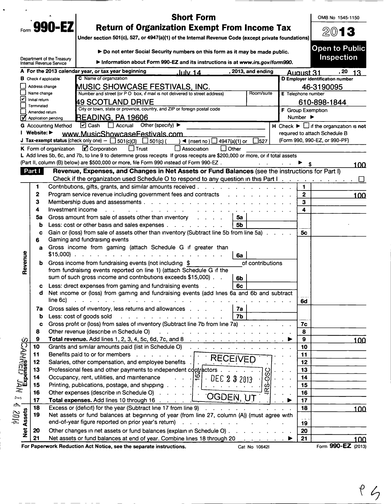 Image of first page of 2012 Form 990EO for Music Showcase Festivals