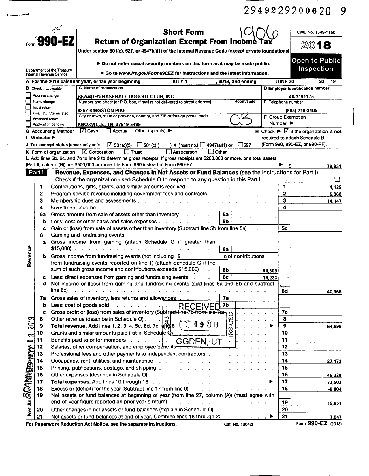 Image of first page of 2018 Form 990EZ for Bearden Baseball Dugout Club