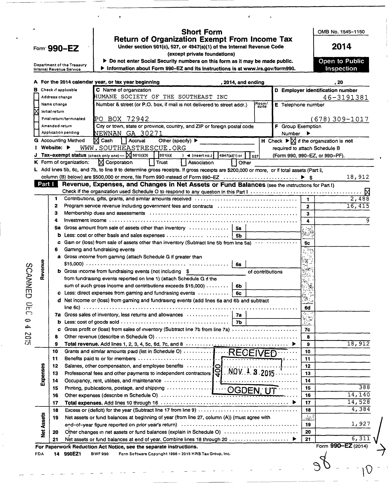 Image of first page of 2014 Form 990EZ for The Humane Society of the Southeast