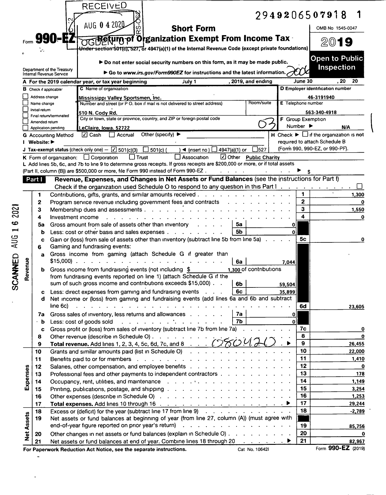 Image of first page of 2019 Form 990EZ for Mississippi Valley Sportsmen