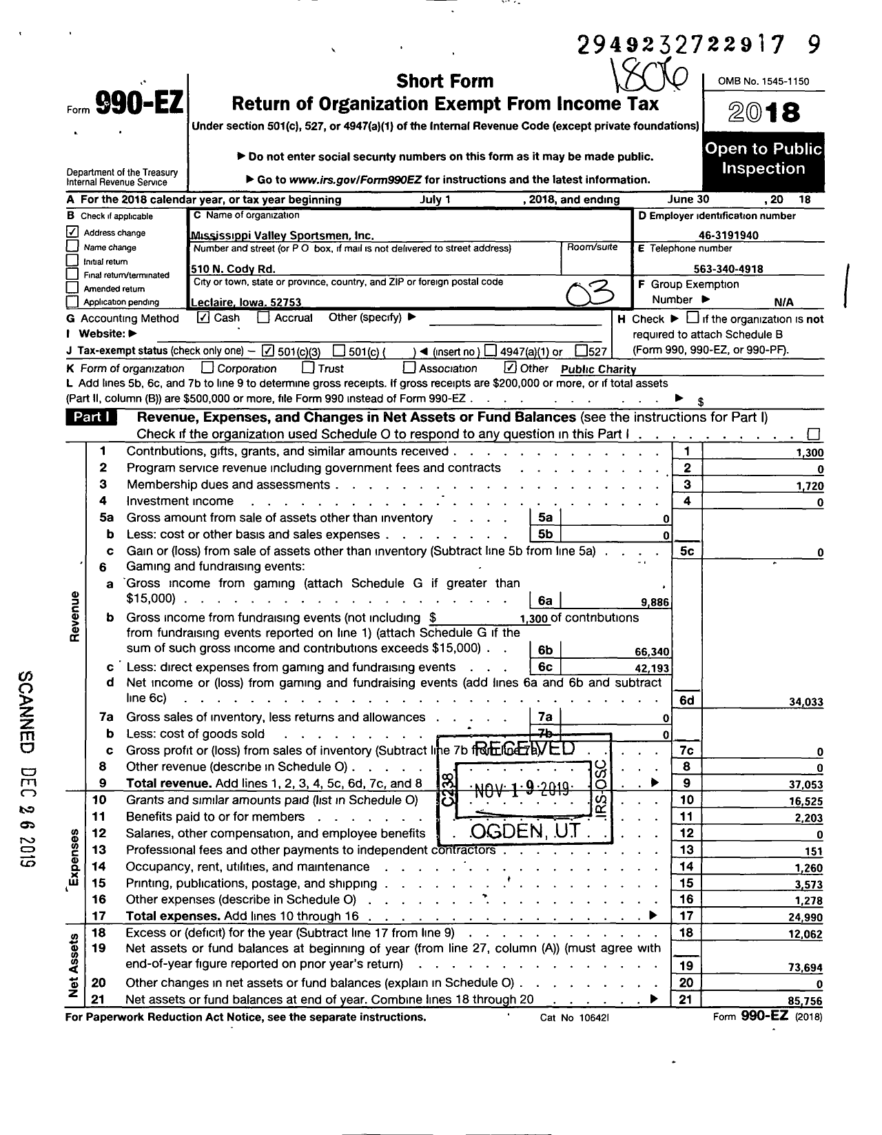 Image of first page of 2017 Form 990EZ for Mississippi Valley Sportsmen