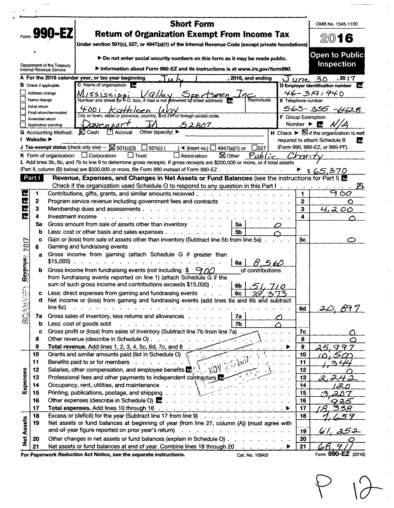 Image of first page of 2016 Form 990EZ for Mississippi Valley Sportsmen