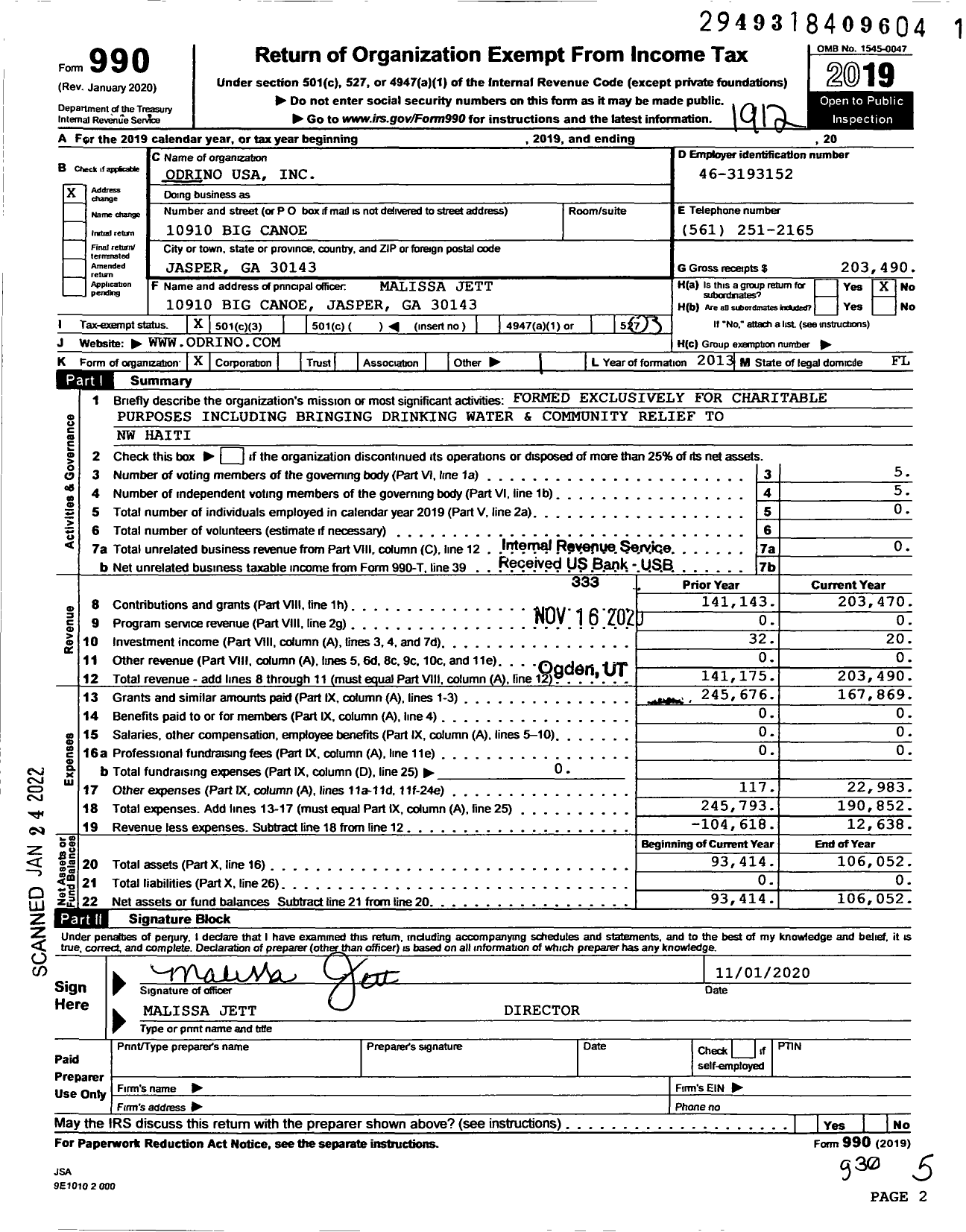 Image of first page of 2019 Form 990 for Odrino USA