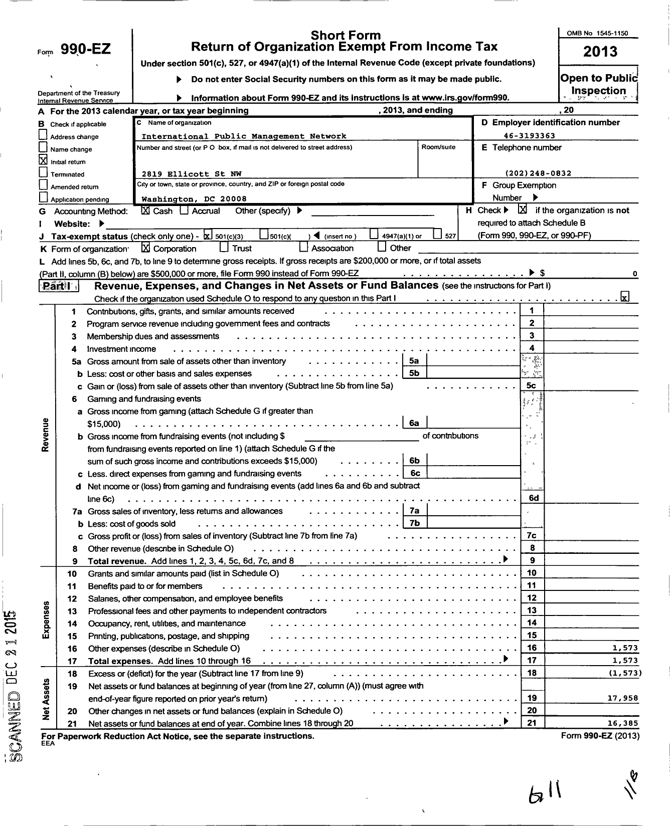 Image of first page of 2013 Form 990EZ for International Public Management Network