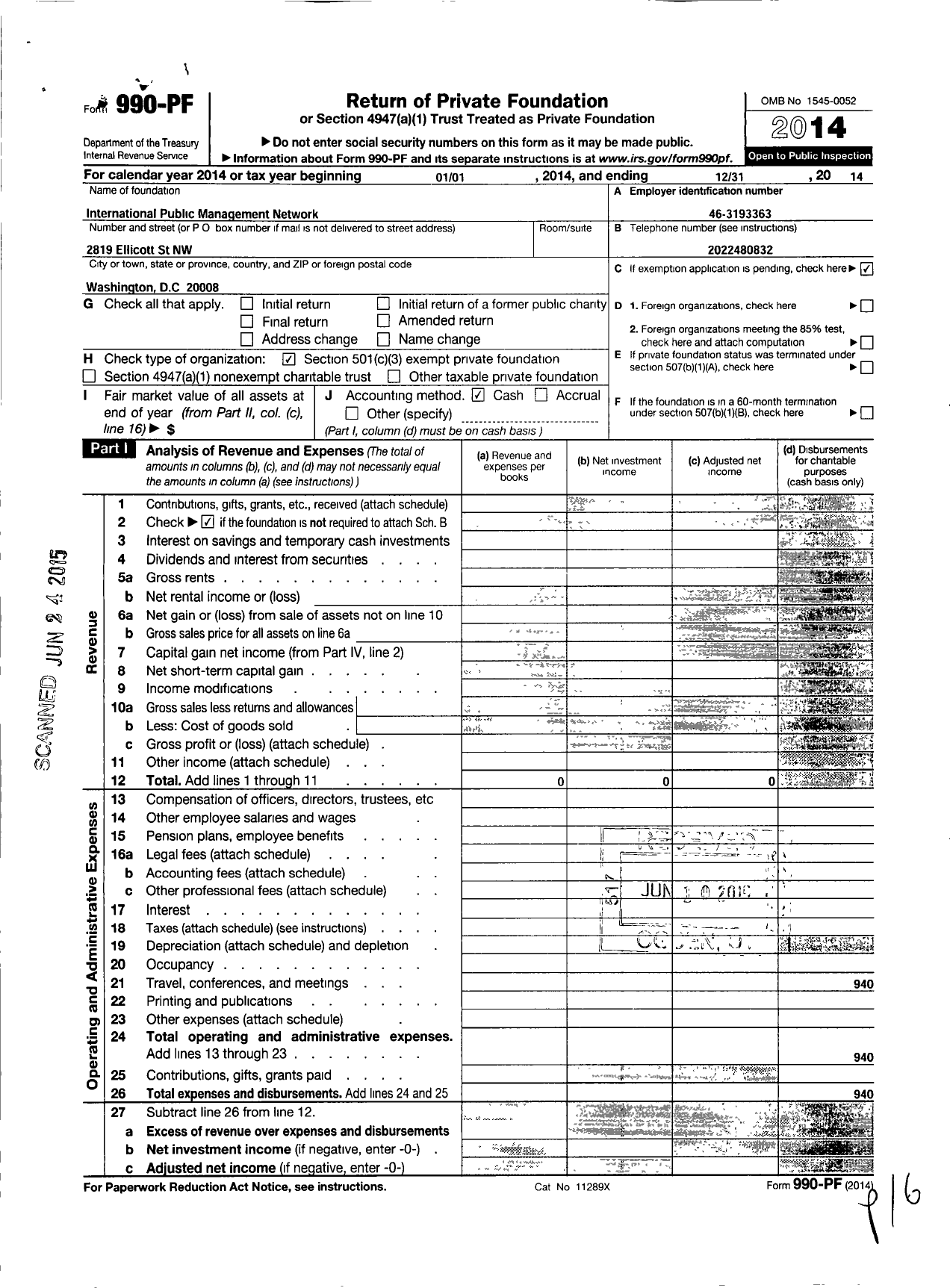 Image of first page of 2014 Form 990PF for International Public Management Network