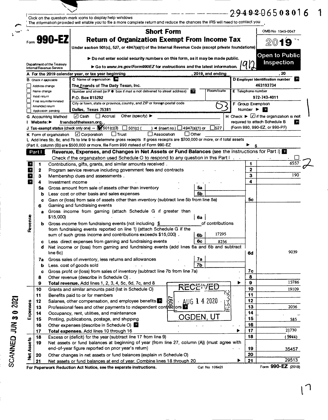 Image of first page of 2019 Form 990EZ for The Friends of the Daily Texan